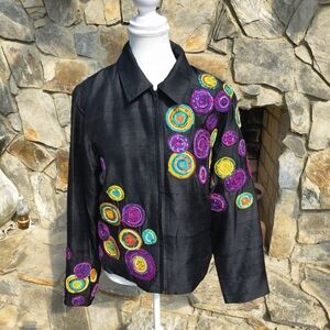 Anage Silk Black Jacket Vintage Art To Wear Embroidered Beaded Size Medium